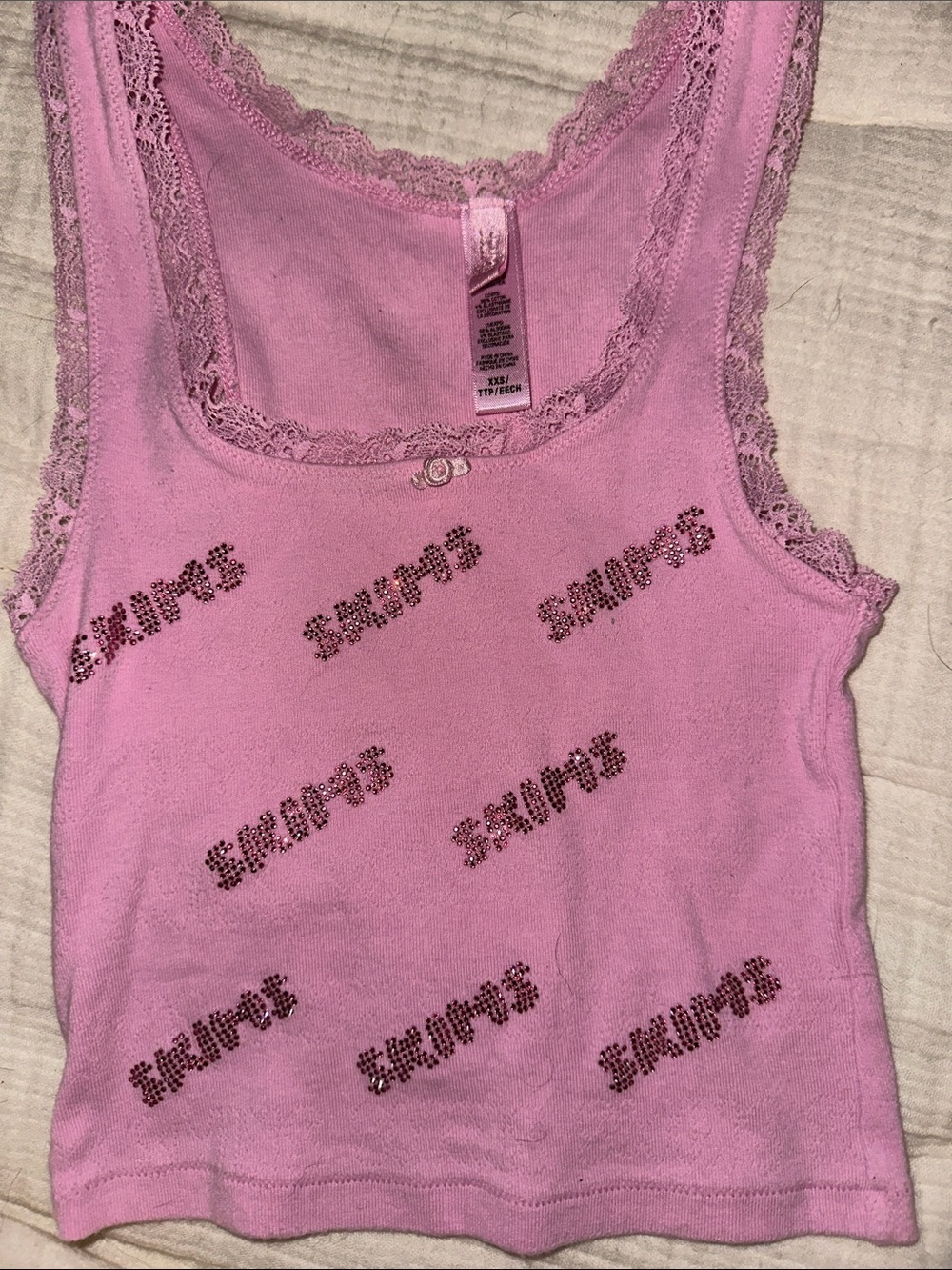SKIMS Pink Lace Trim Baby Tank Top with Rhinestone 'SKIMS’ Detail - EUC XXS